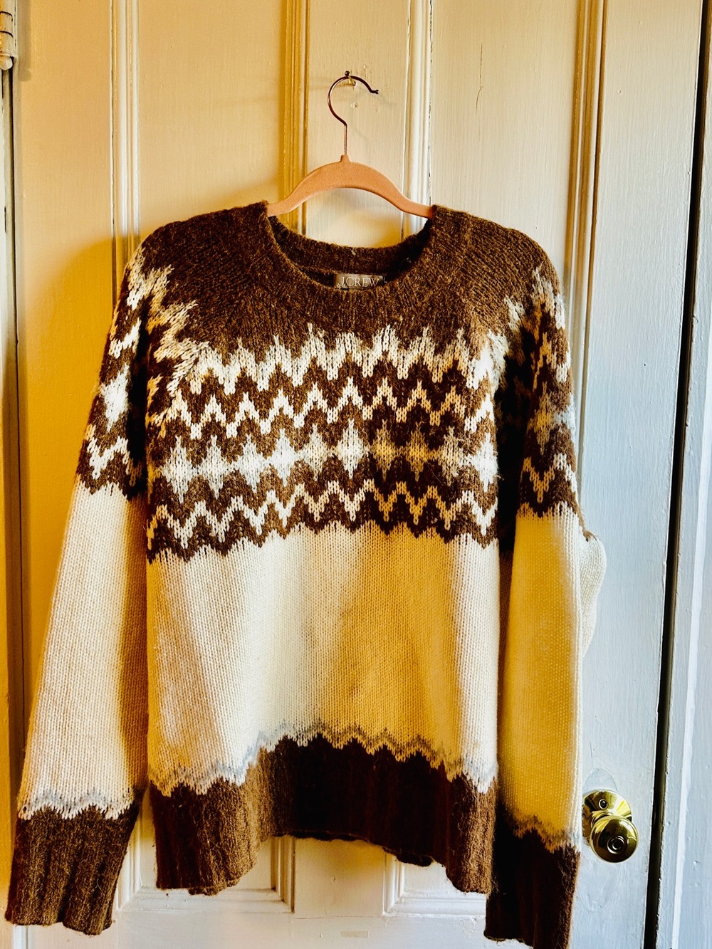 J. Crew Brown and Cream Fair Isle Crewneck Sweater
